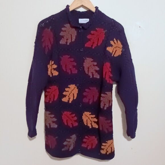 Vintage Michaelee Fall Leaves Wool Cardigan-Medium-Button Front-Longline-Chunky - Picture 1 of 9